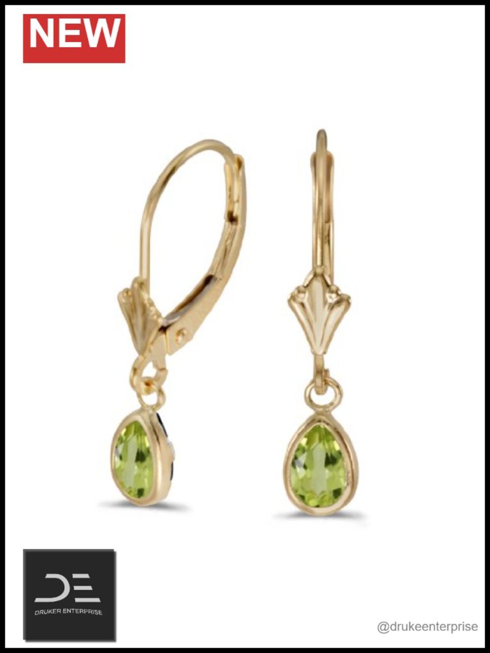 14k Yellow Gold Pear Peridot Bezel Lever-back Earrings